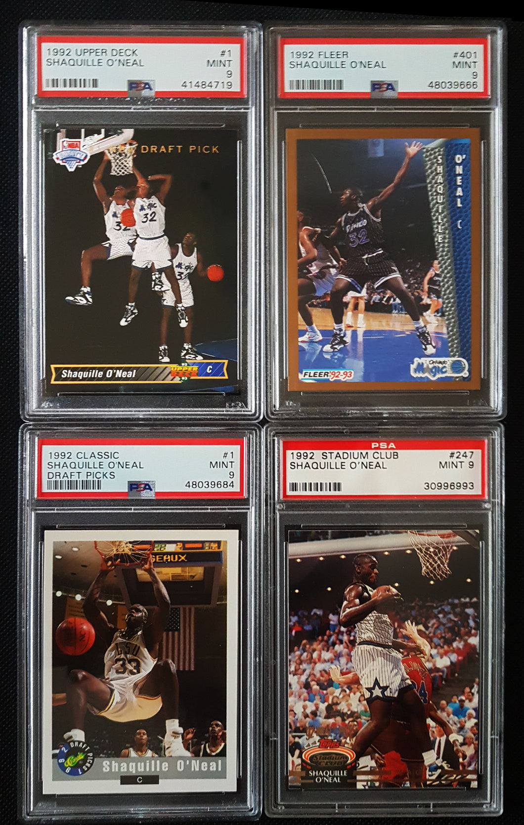 1992 Shaquille O'neal Rookie RC PSA graded card lot of (4) - Upper Deck, Fleer, Classic, Stadium Club